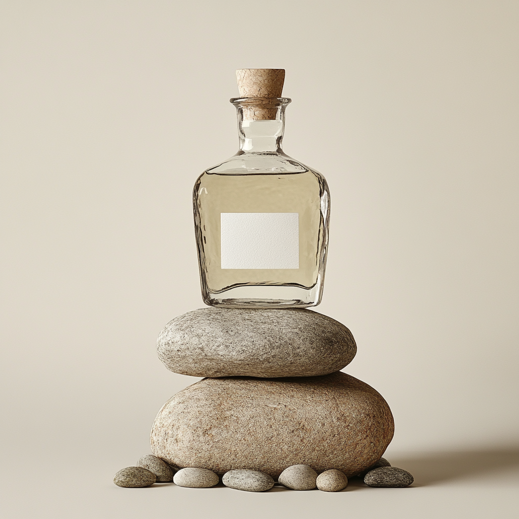 Tequila bottle on rocks with neutral backdrop