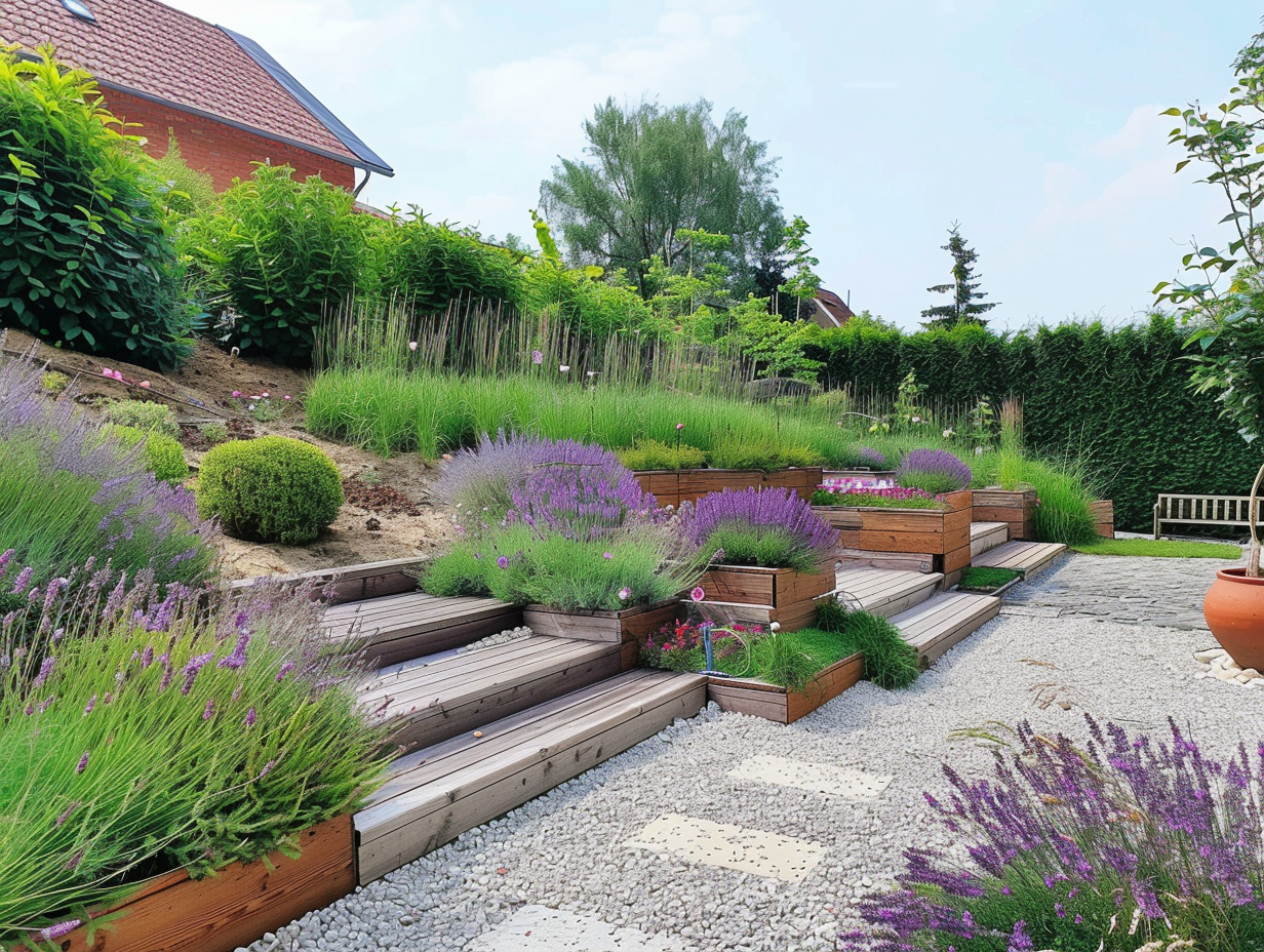 Terraced garden supported by wooden walls and flower beds.