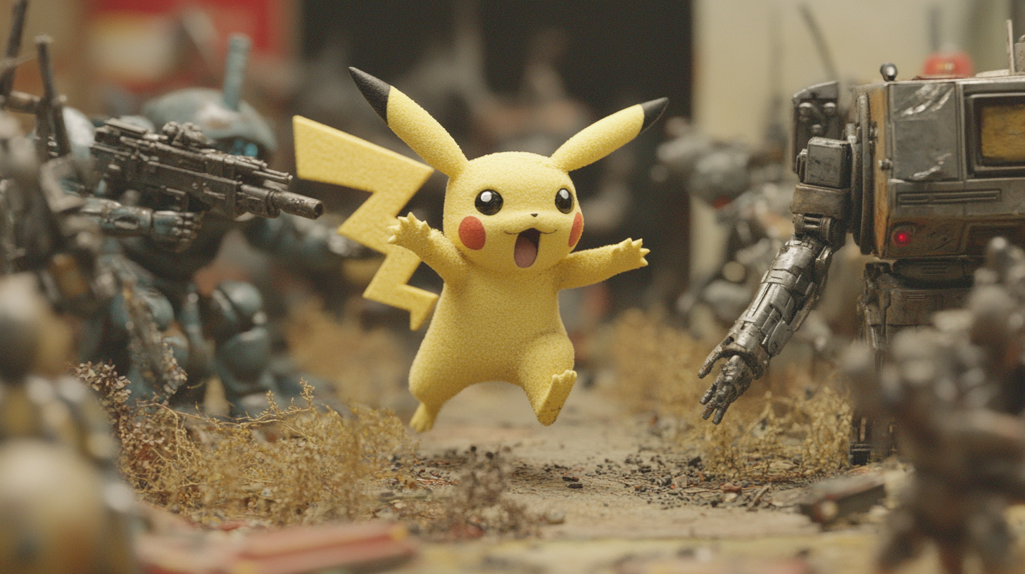 Terrified Pikachu running from Terminator robots in Tokyo.