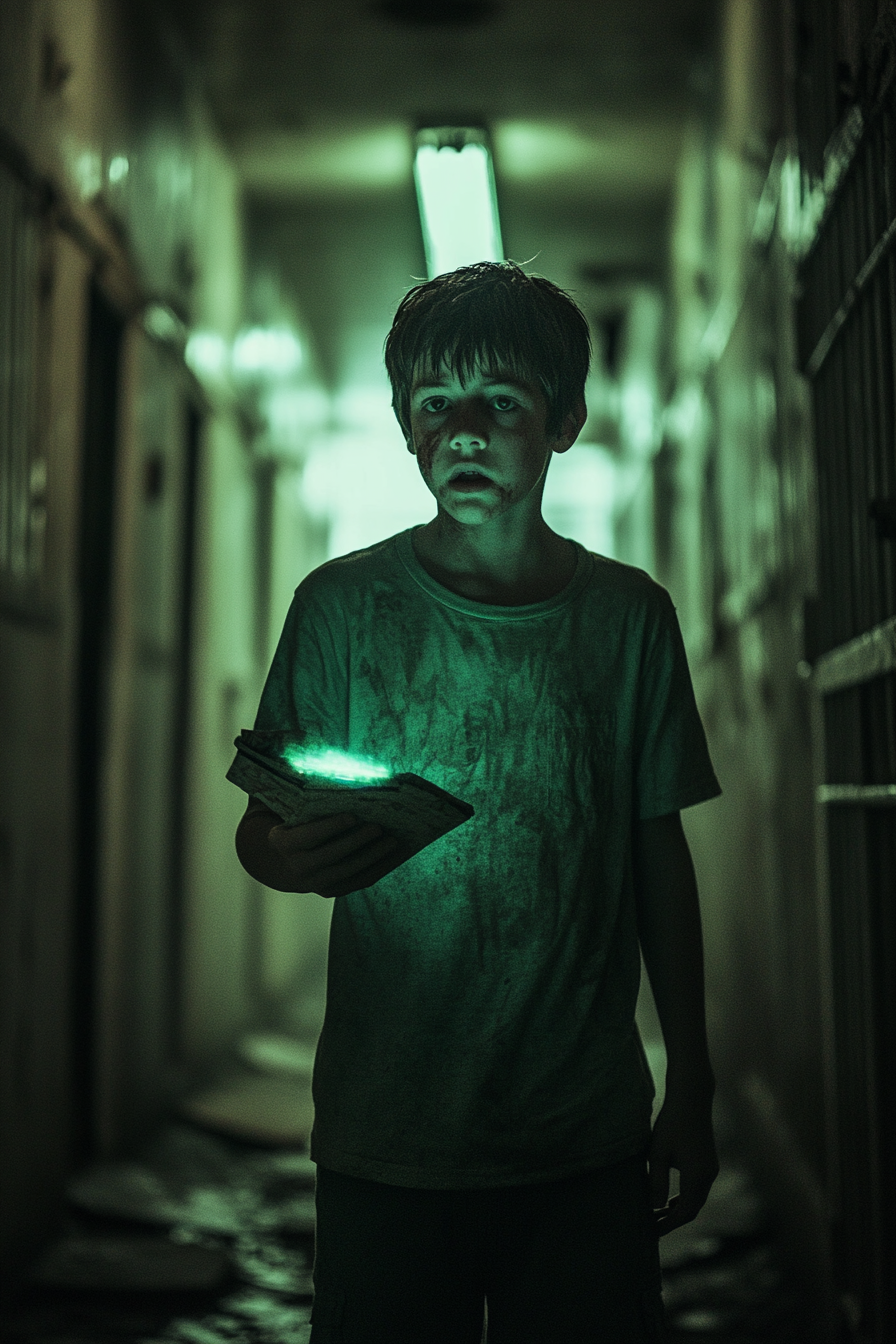 Terrified boy holds eerie comic book in dark center.