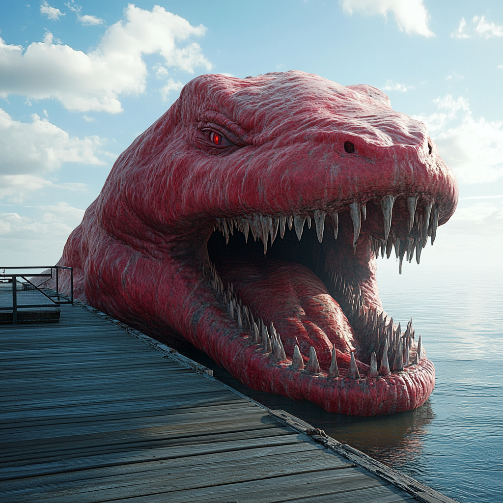 Terrifying red-skinned shark-crocodile monster coming out of water.