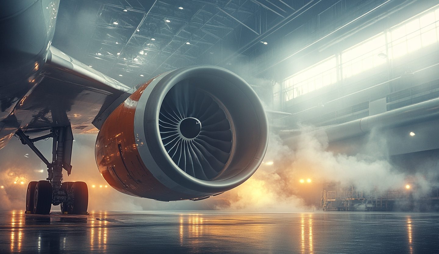 Testing of airplane turbine in hangar with bright lights.