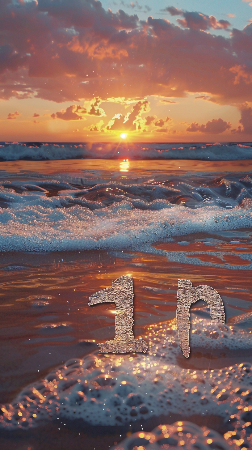 Text floating above beach at sunset, wet from waves.