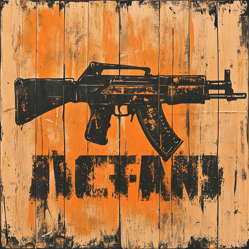 Text: 'AK-47' wooden crate design for DTG printing.