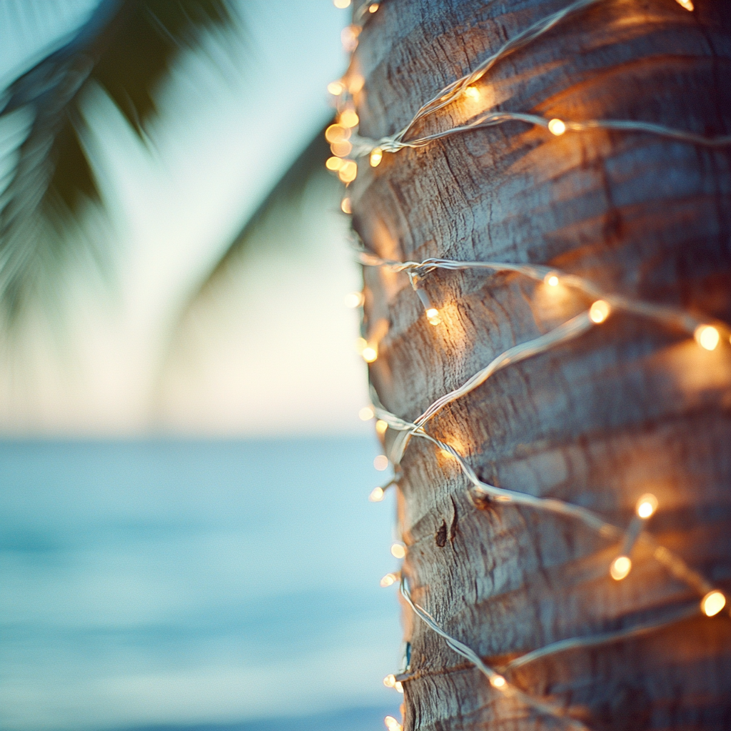 Textural palm tree trunk with delicate string lights.