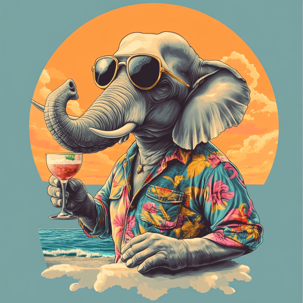 Thai Elephant bartender in colorful shirt, enjoying cocktail.