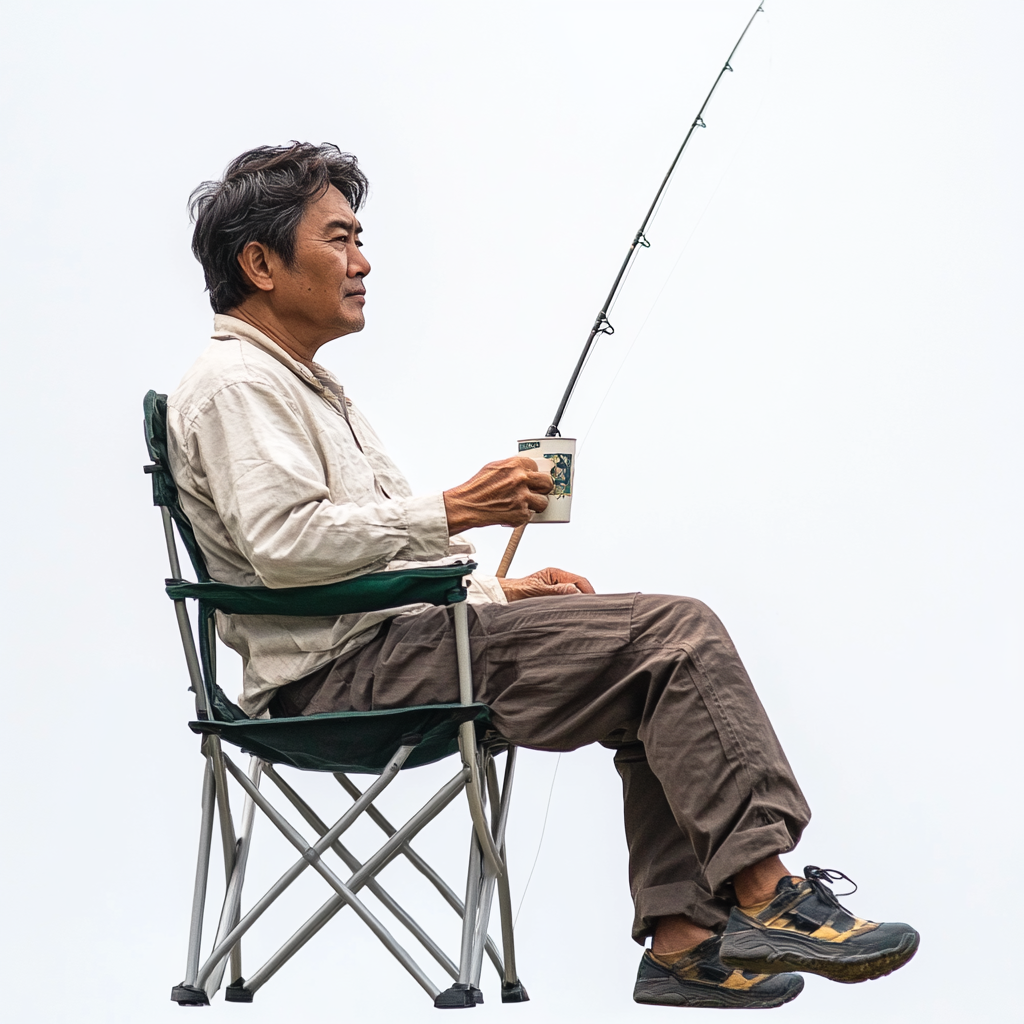 Thai Man Fishing with Coffee on Chair.