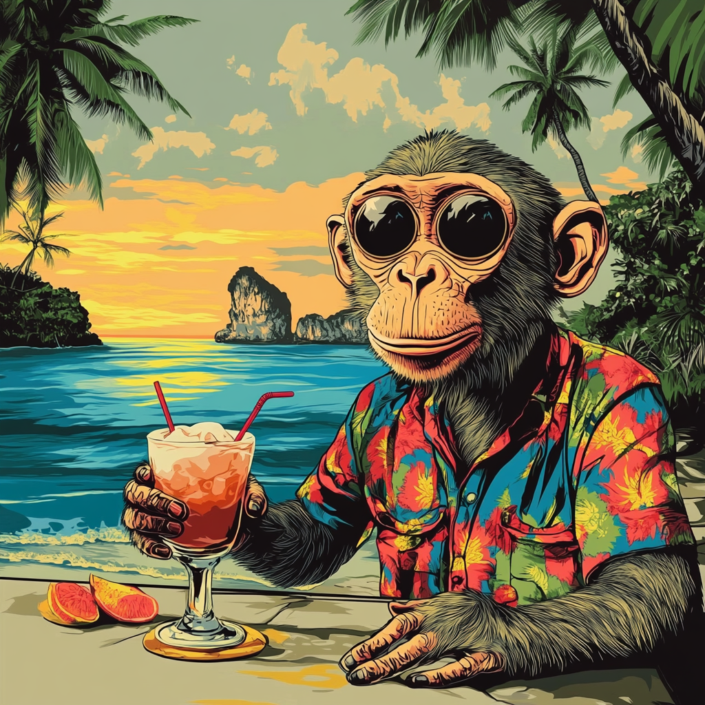 Thai Monkey bartender shaking cocktail on colorful beach.