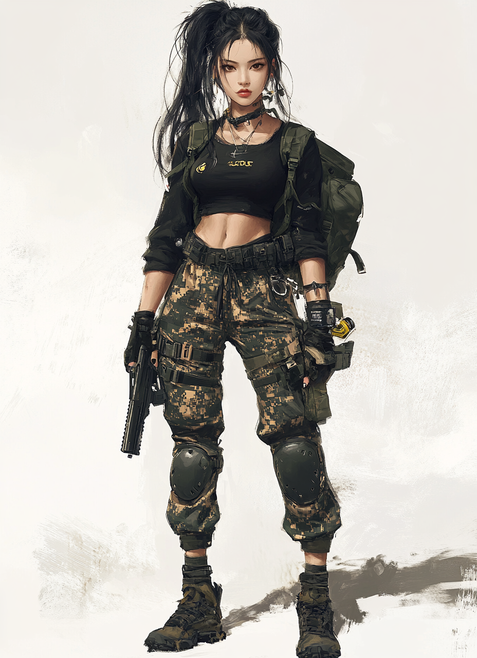 Thai female with wolf haircut, black clothes, armed, looking.