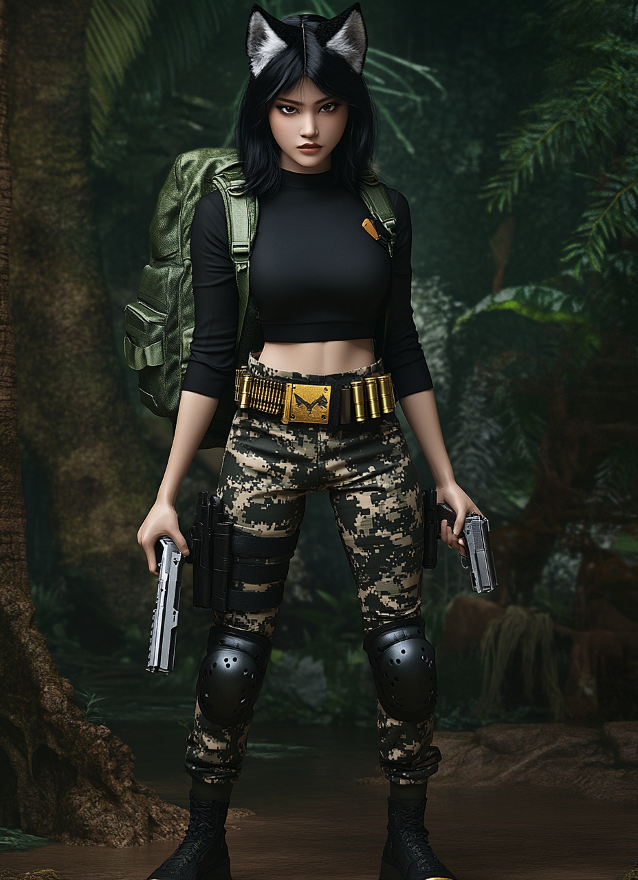 Thai female with wolf haircut, black clothes, holding pistols.