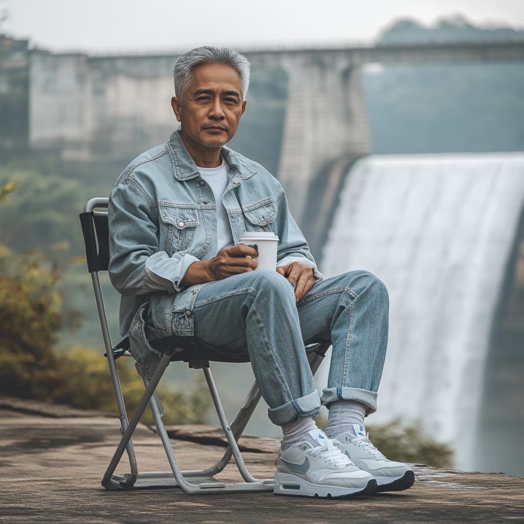 Thai man sitting by dam with coffee cup