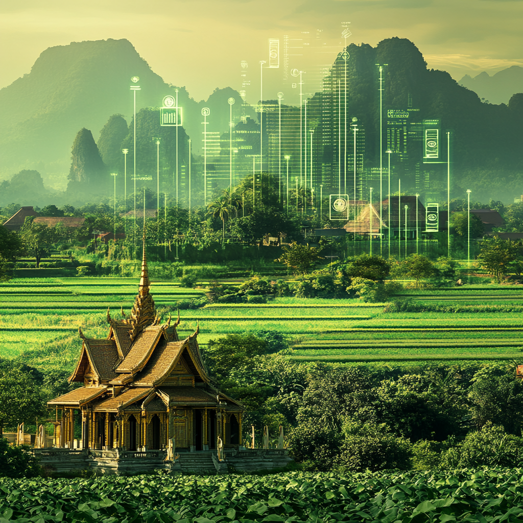 Thai-style building surrounded by green fields and holographic trading graphs. 