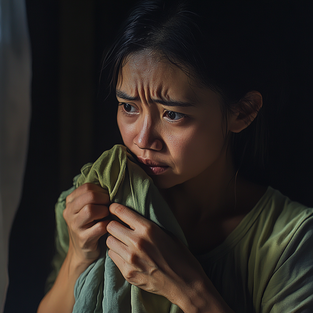 Thai woman holding clothes, longing for home smell