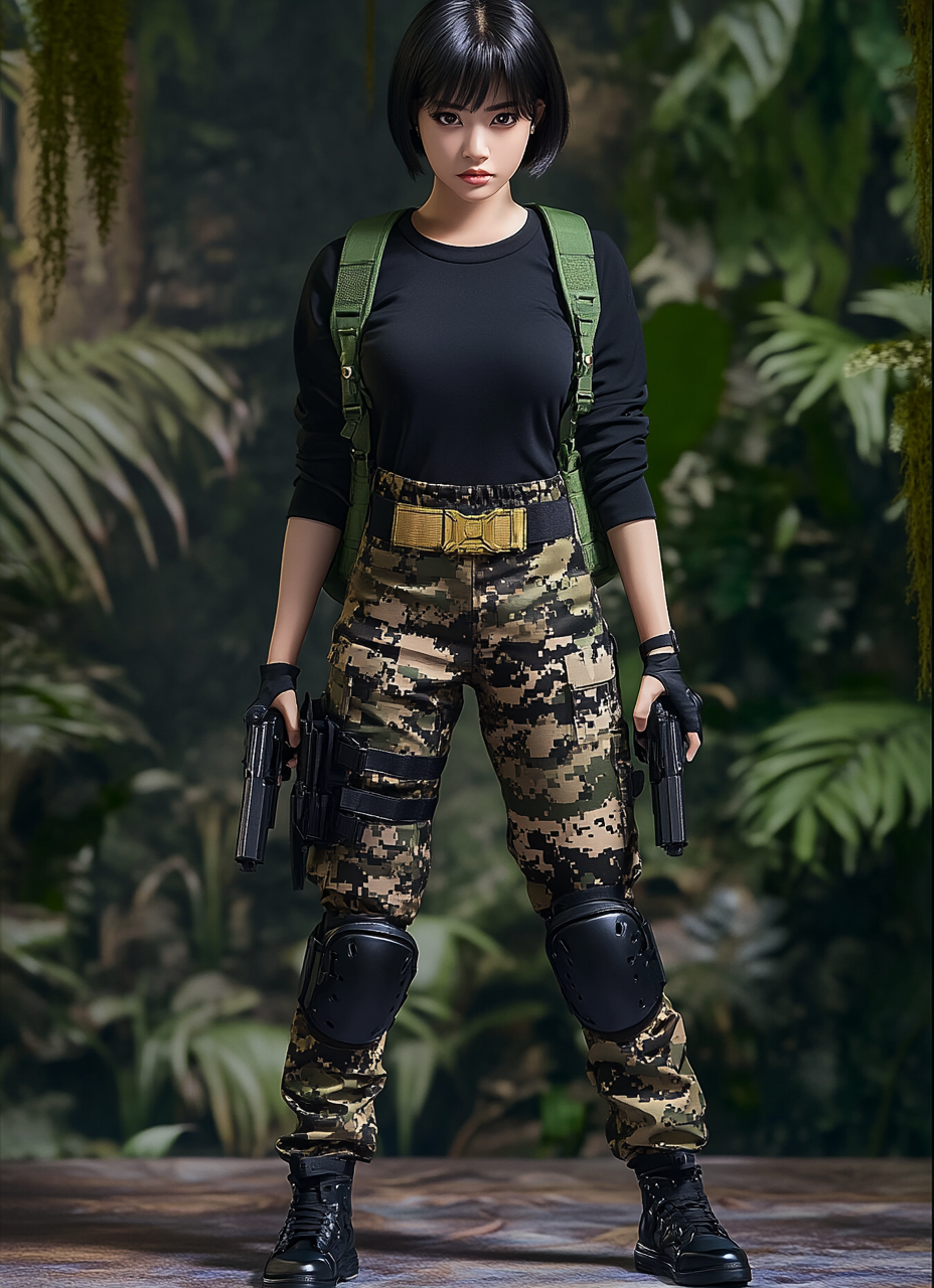 Thai woman in black shirt and camo pants, serious.