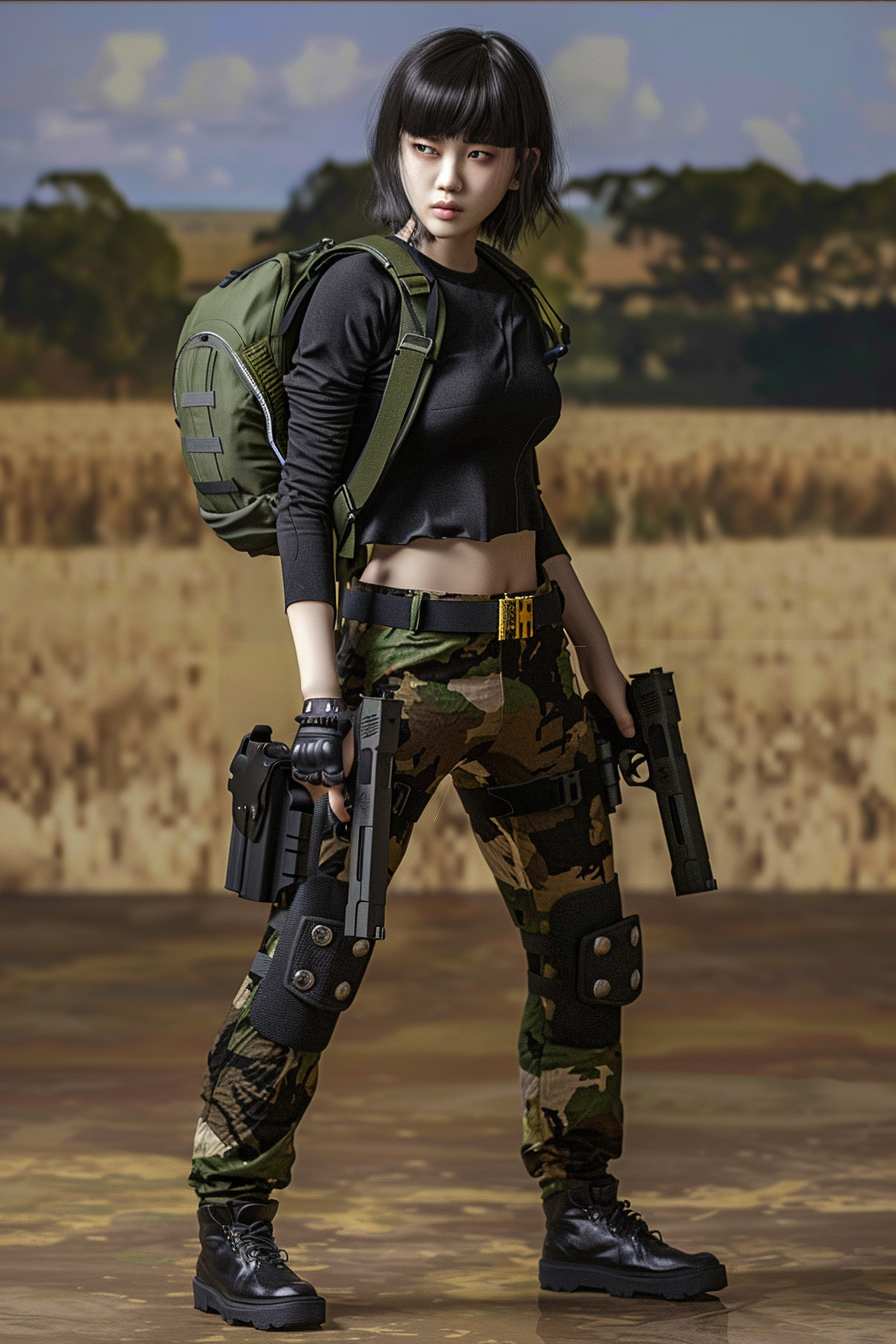 Thai woman in field with guns, military attire.