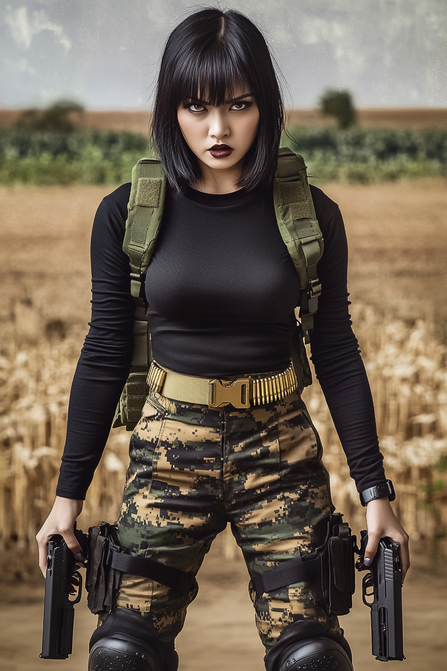 Thai woman with black hair, serious face, pistols.