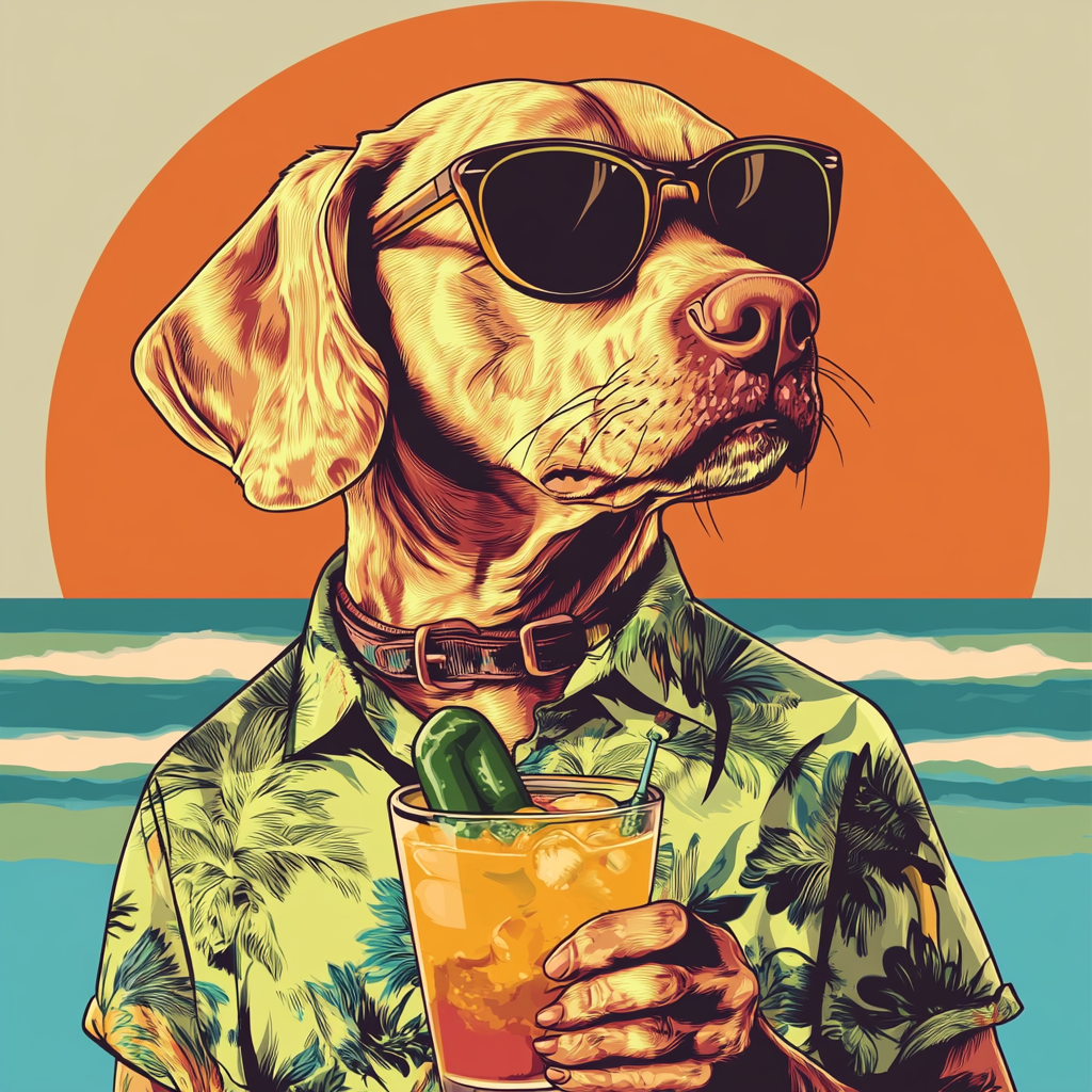 Thailand street dog bartender with cool shirt, sunglasses.