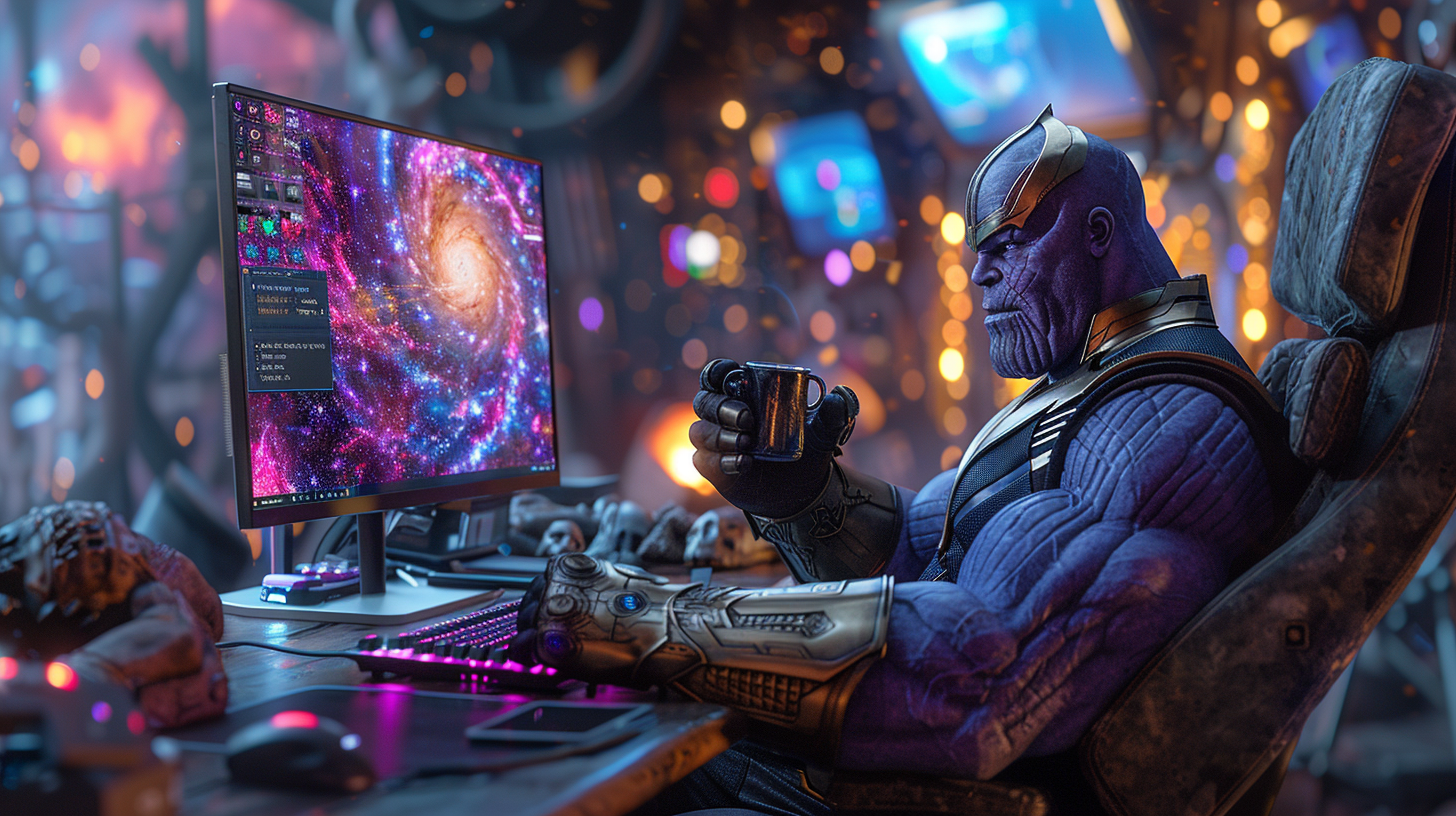 Thanos in comfy office with computer and coffee mug.