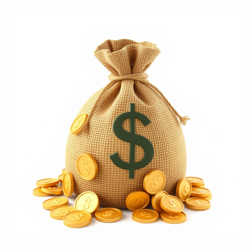 The 3D golden money bag symbolizes wealth.