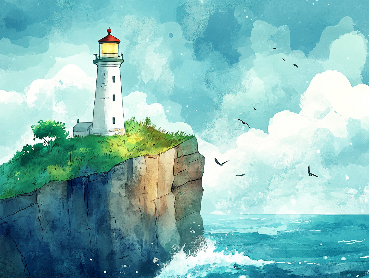 The Ancient Lighthouse on Cliff, Waves Crashing Strongly