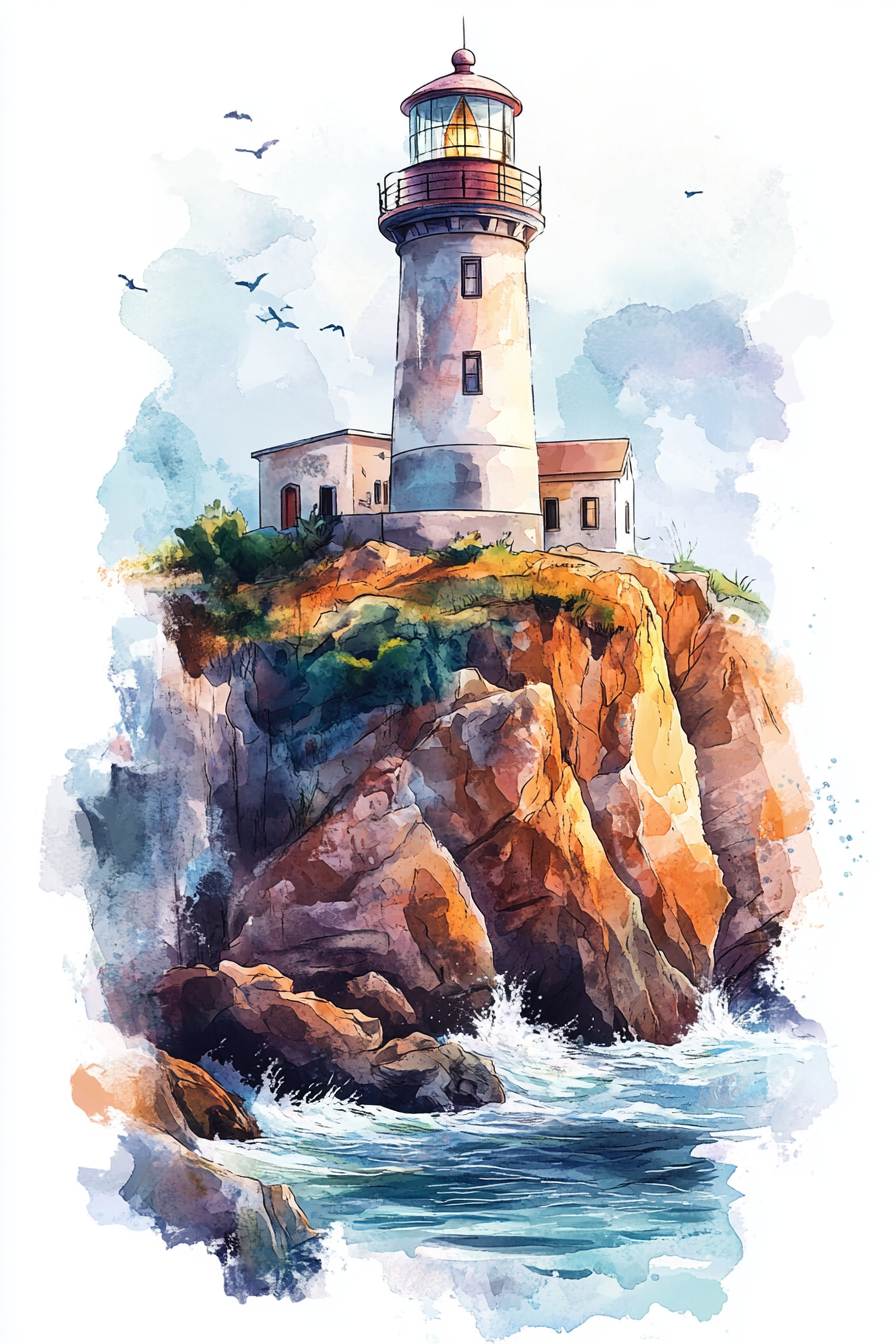 The Ancient Lighthouse on Cliff with Waves Crashing