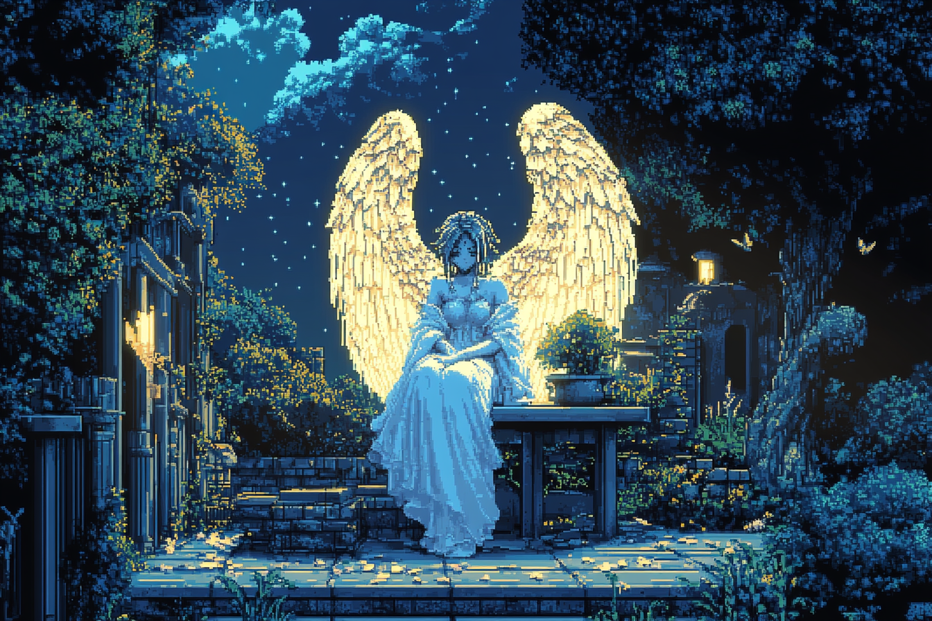 The Angelic Swordswoman in a Moonlit Garden