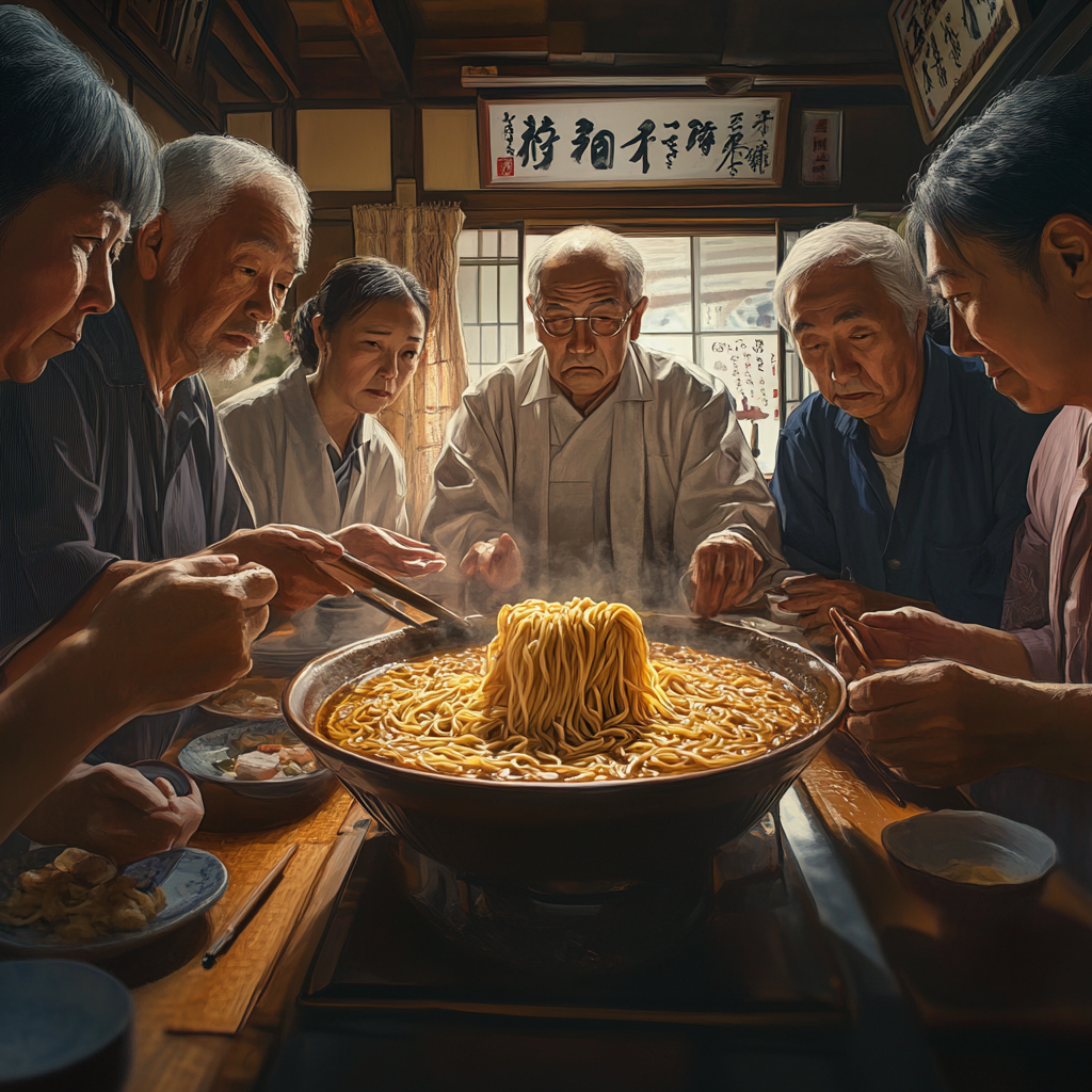 The Apologetic Gathering Around Vibrant Noodles in Japanese Kitchen