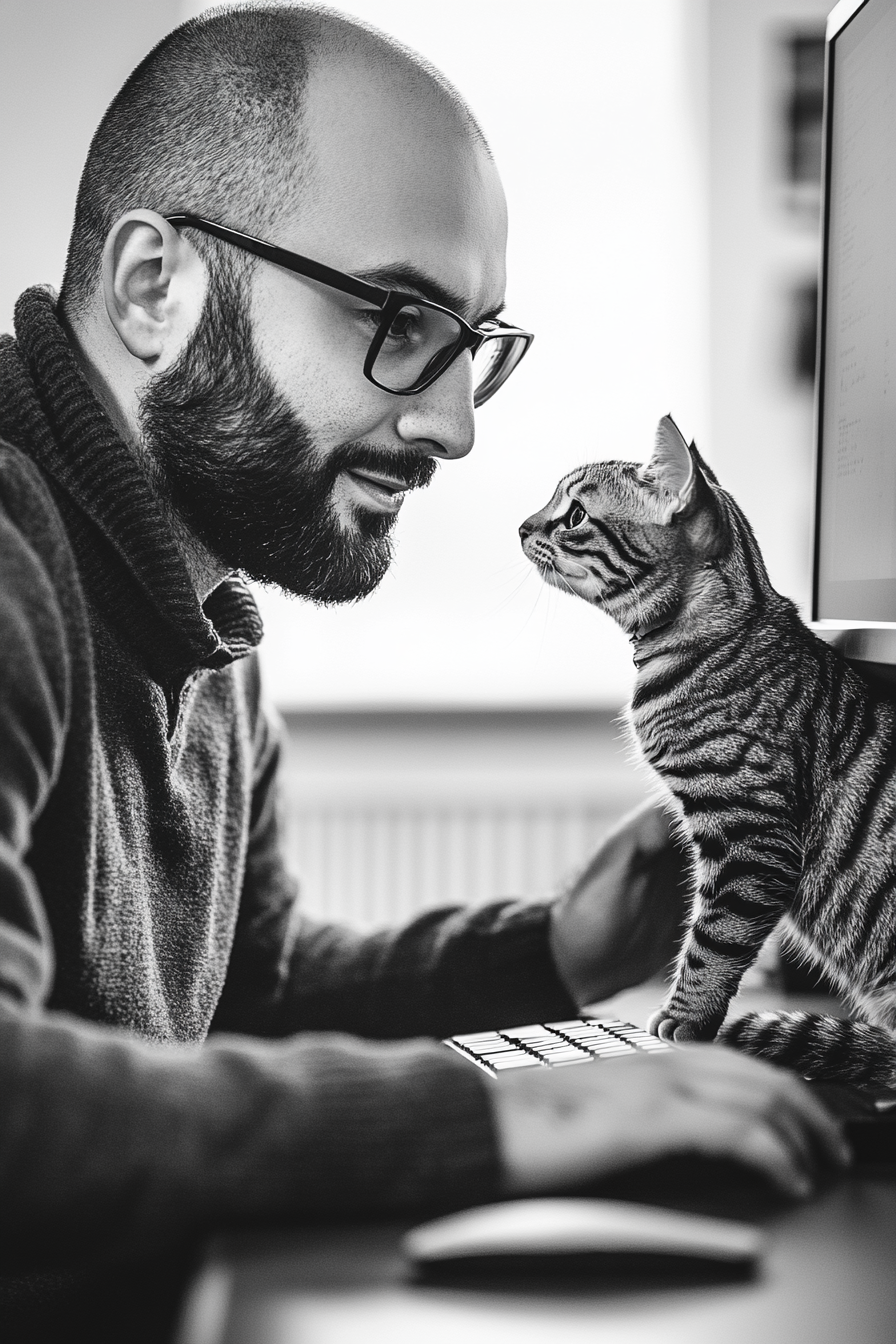 The Arab sales manager with glasses sitting at computer.