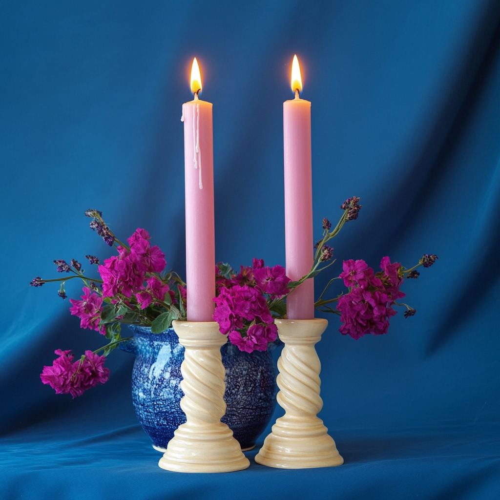 The Artistic Shabbat Candles and Pink Flowers