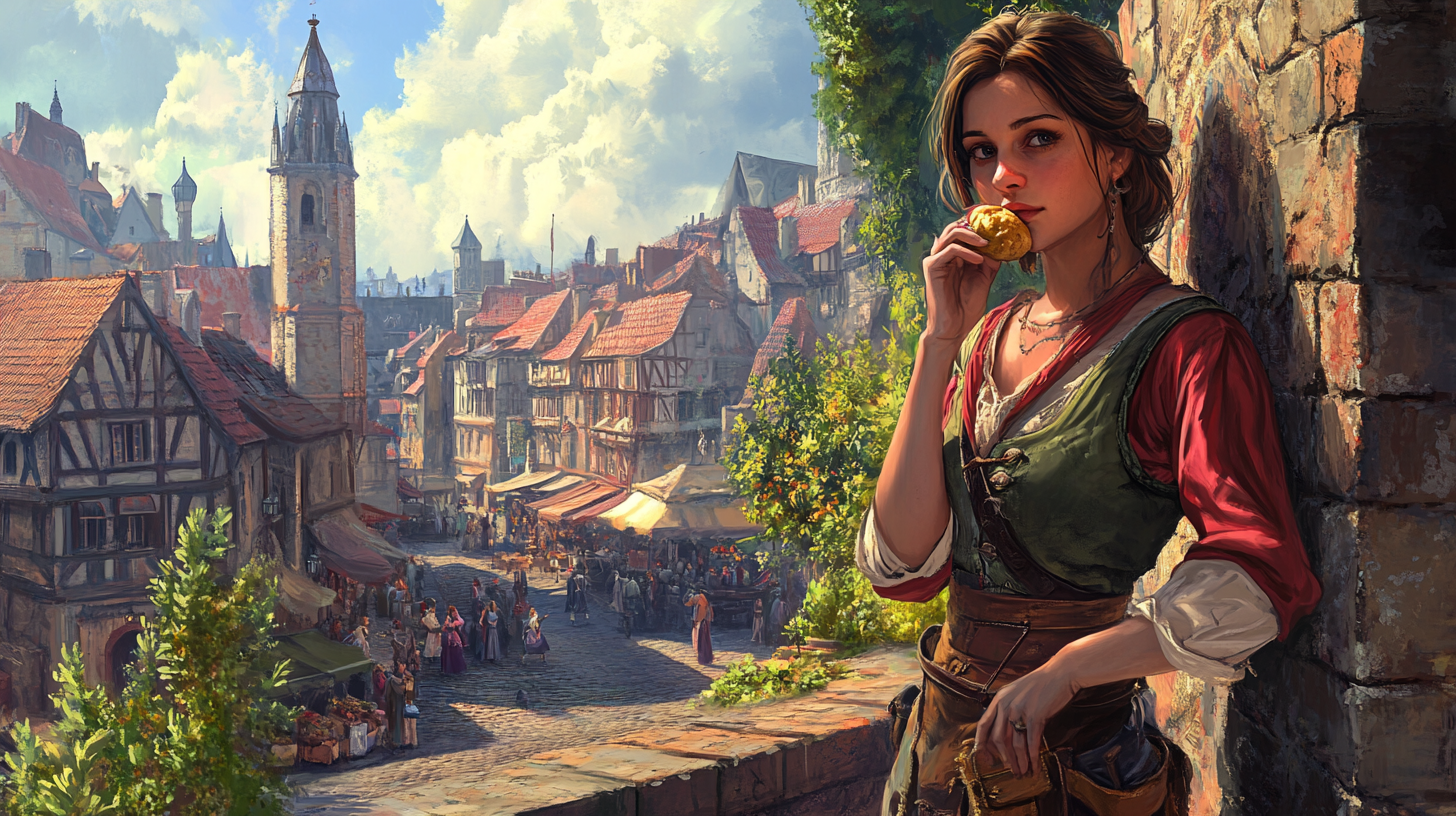 The Auburn Haired Woman Eating in Medieval Town