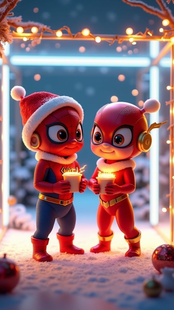 The Baby Flash and Spider-Man Celebrating Christmas