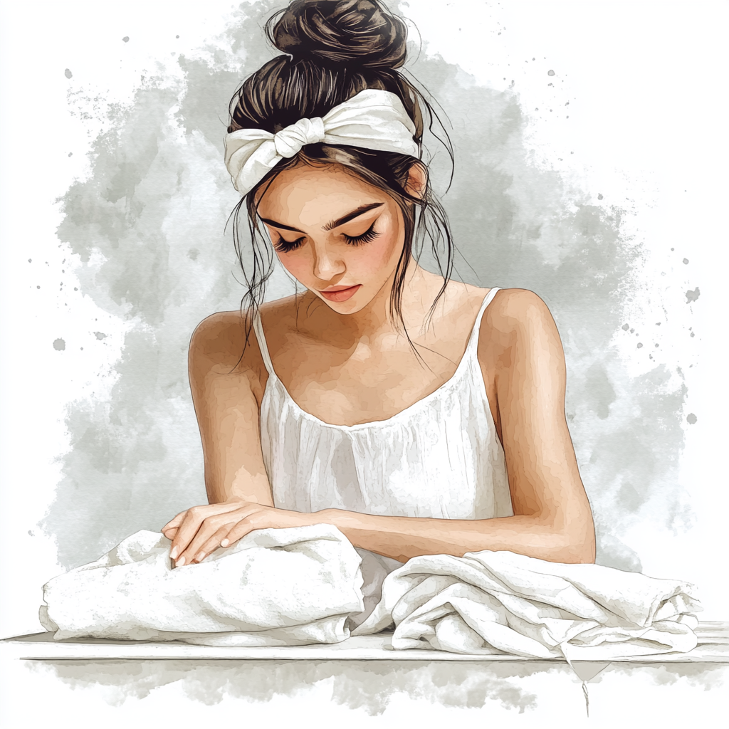 The Beautiful Girl Folding Laundry Watercolor Art