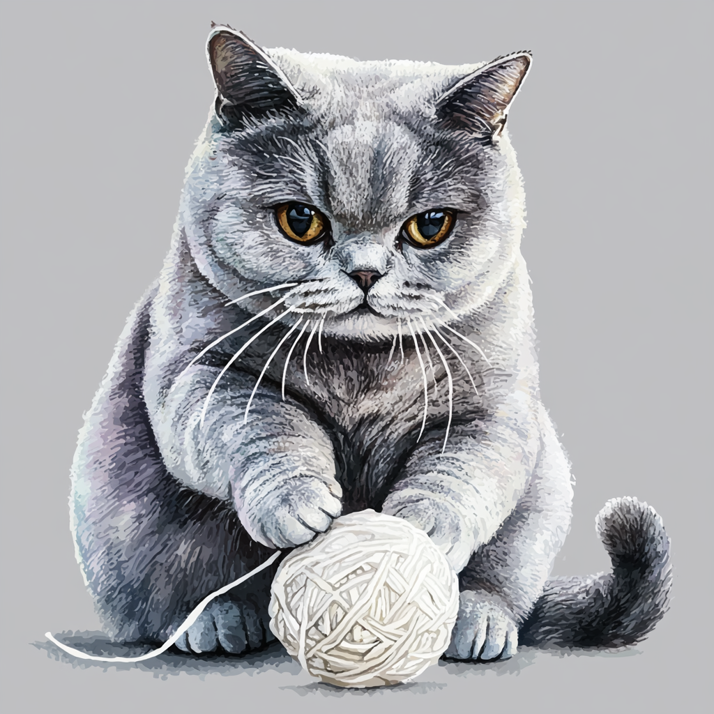 The Beautiful Gray British Cat Playing with Yarn