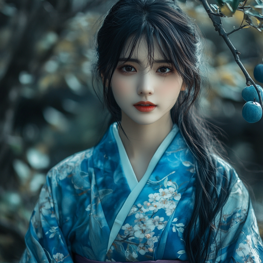 The Beautiful Japanese Princess in Blue Robe