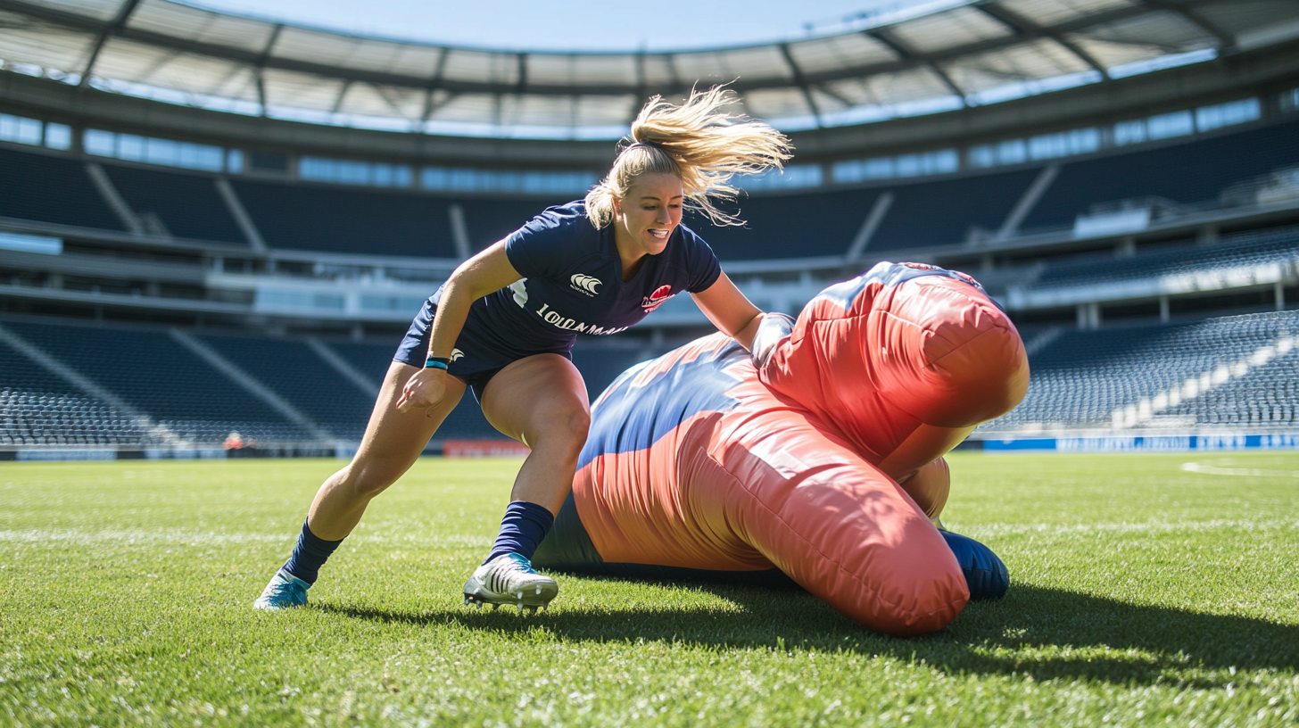 The Blonde Woman Tackling Inflatable Rugby Player