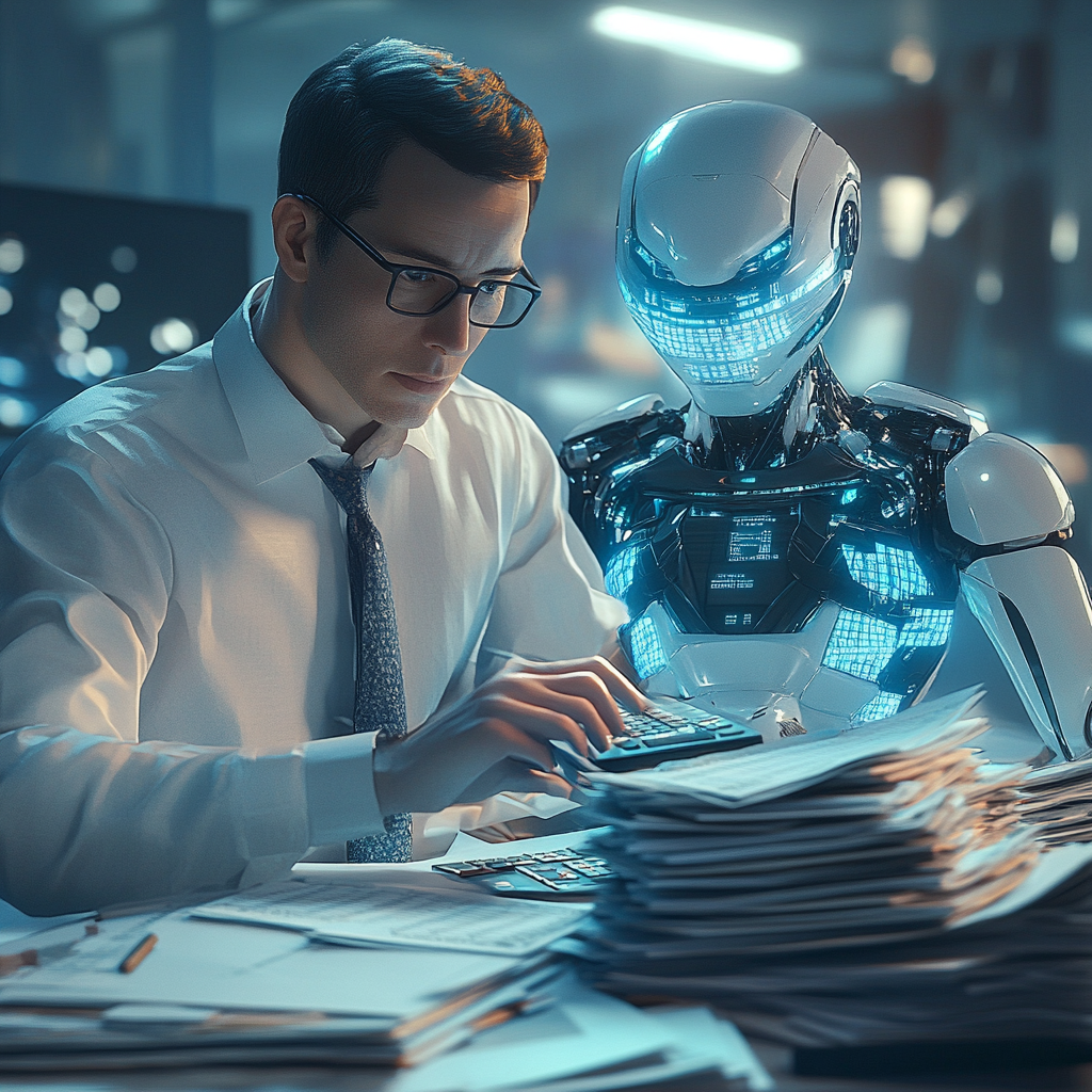 The Bookkeeper and Robot Assistant Analyzing Finances