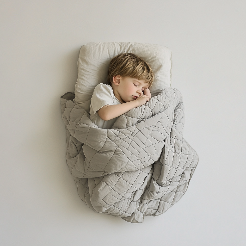 The Boy Sleeping in a Grey Quilted Bed