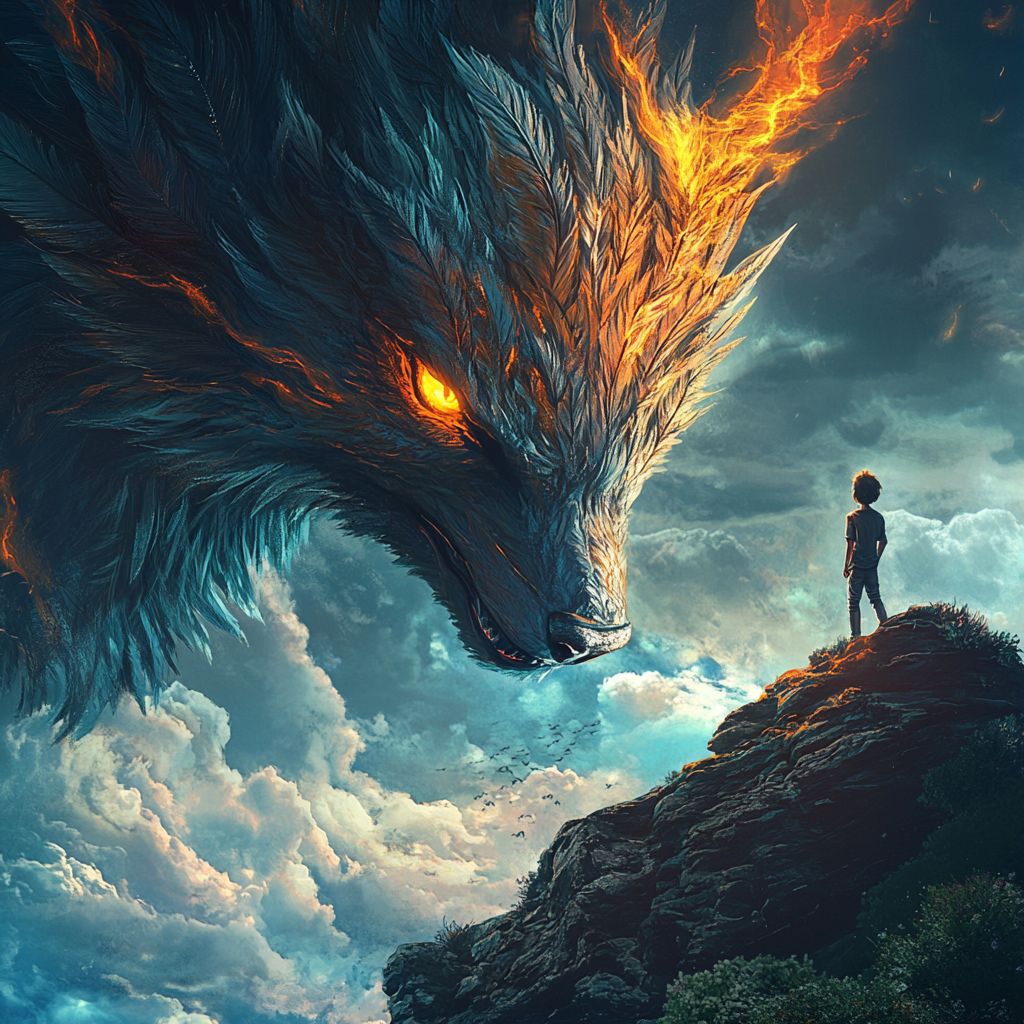 The Brave Boy Confronts Mythical Wolf-Phoenix Beast