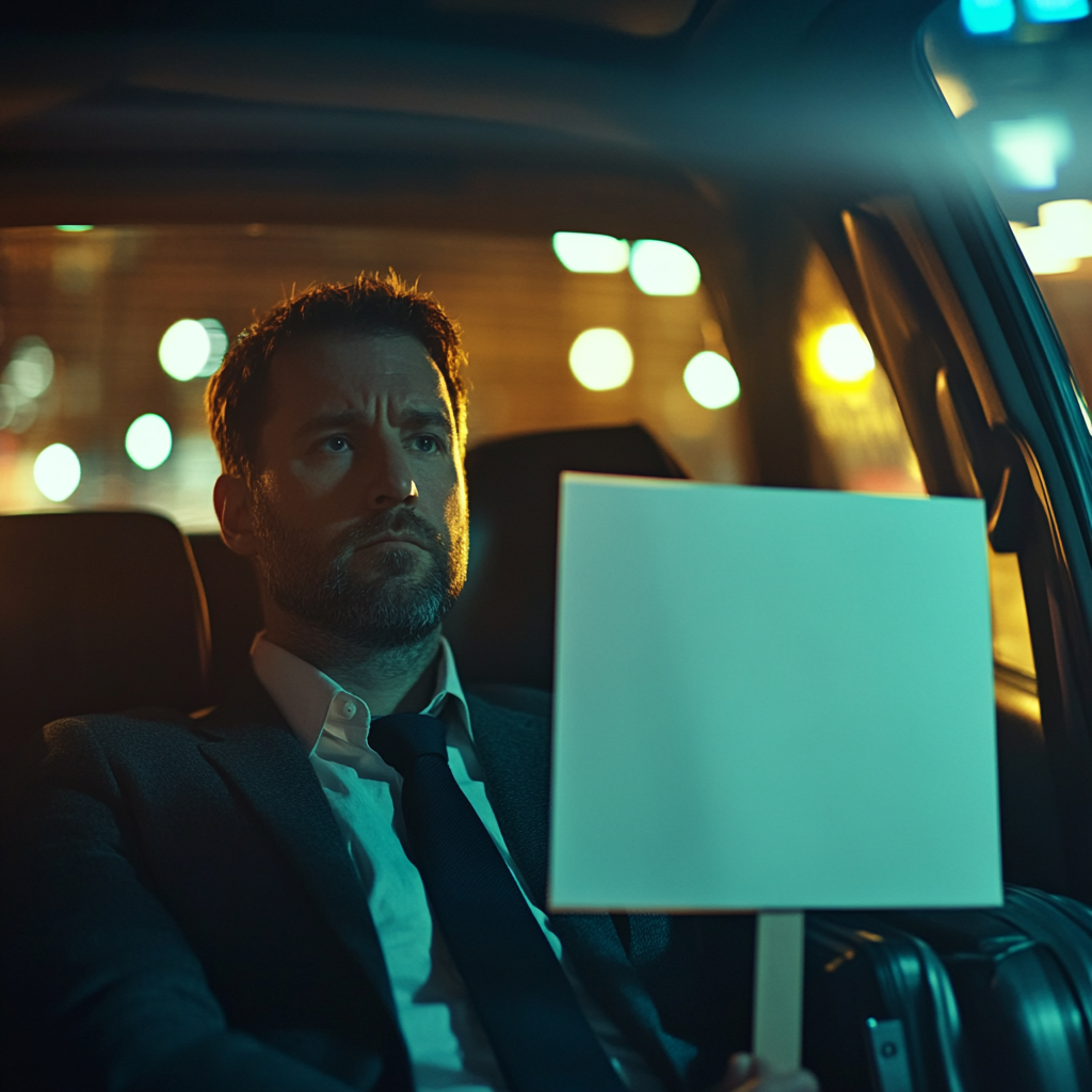 The Businessman With Protest Sign in Taxi at Night