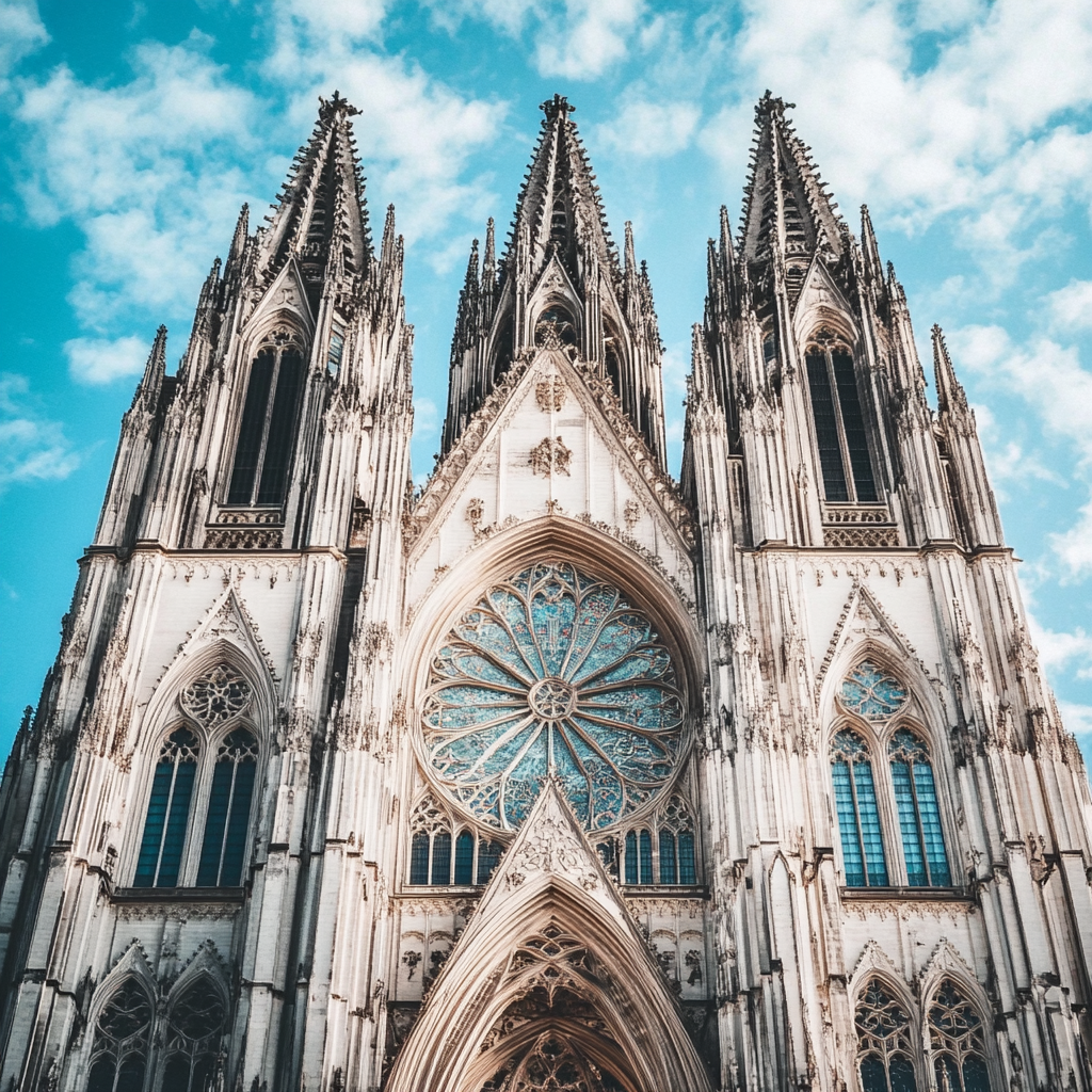 The Cologne Cathedral shines under bright blue sky.