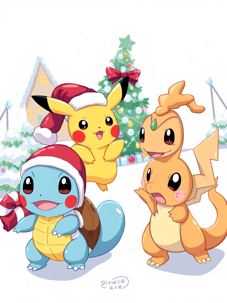 The Colorful Christmas Gathering of Pikachu, Squirtle, Charmander
