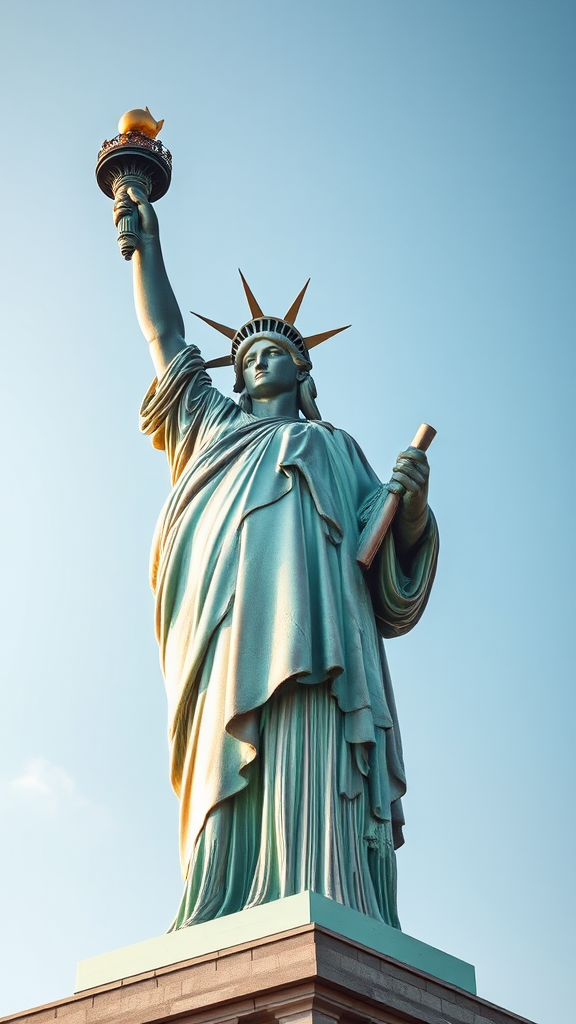 The Copper Statue of Liberty Shining Bright.