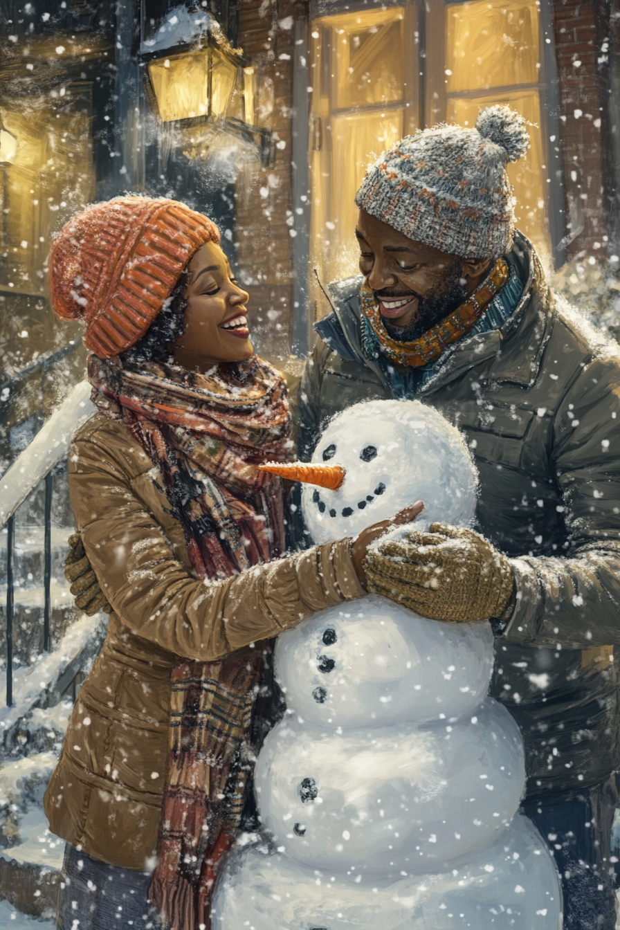 The Couple Building a Snowman in Their Yard