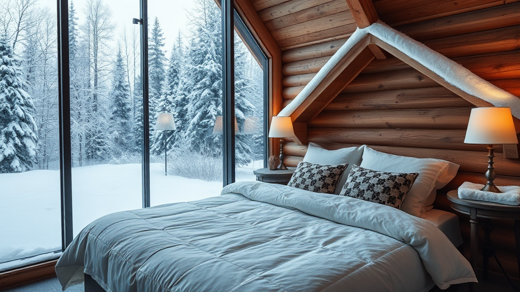 The Cozy Bedroom in the Snowy Wooden Cabin