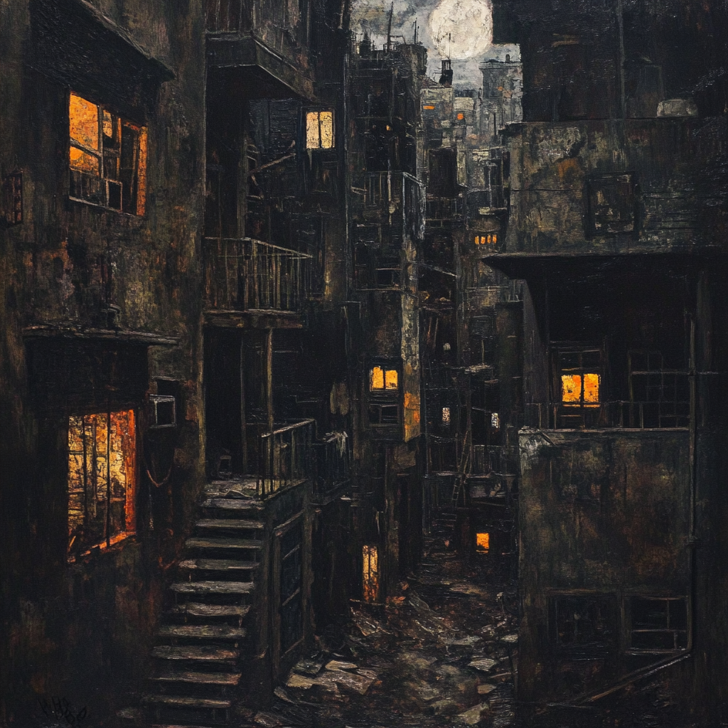 The Crumbling, Graffiti-Covered Slum at Night