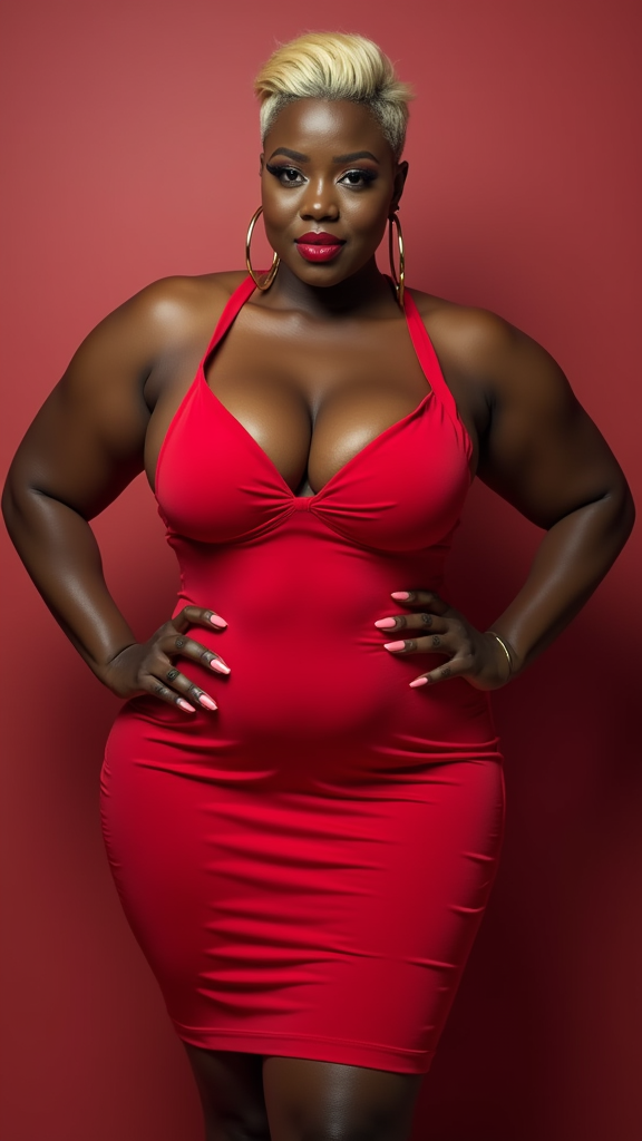 The Curvy Lady in Red with Blonde Pixie Cut