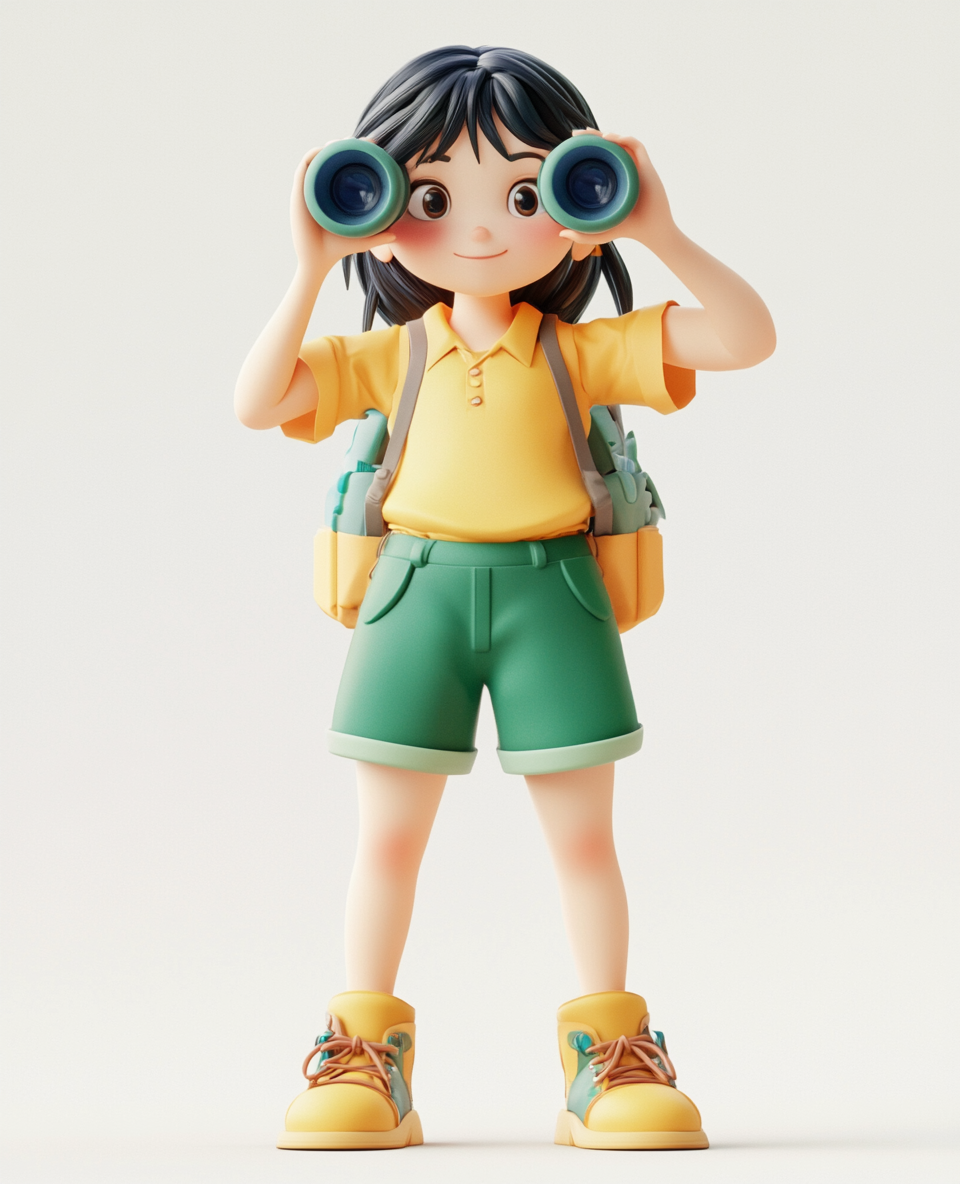 The Cute Girl Explorer Cartoon with Binoculars