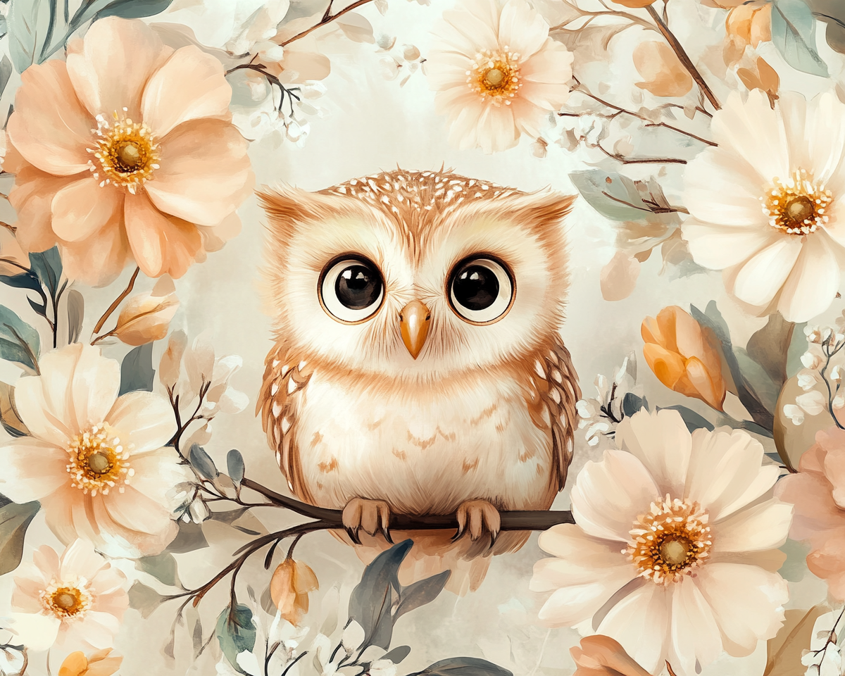 The Cute Owl Among Lush Flowers