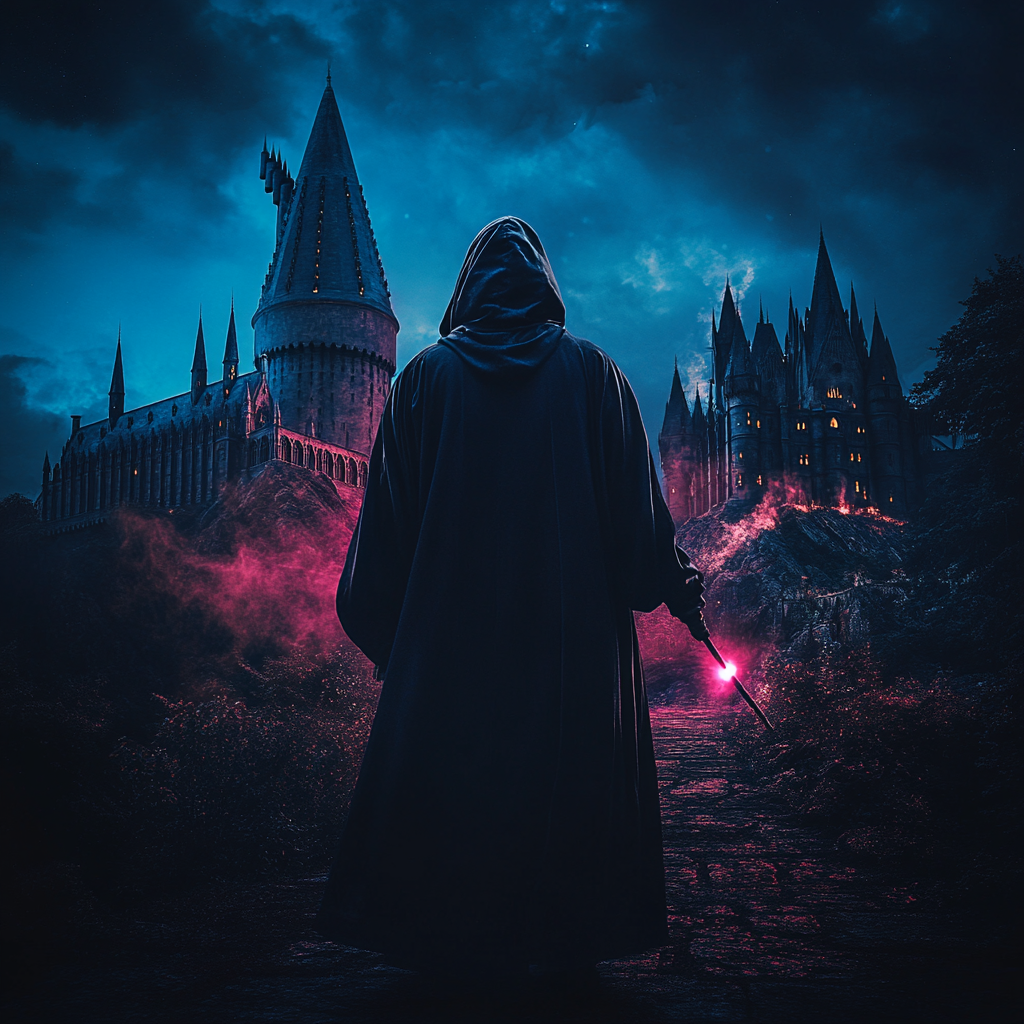 The Dark Wizard looking at Hogwarts with wand.