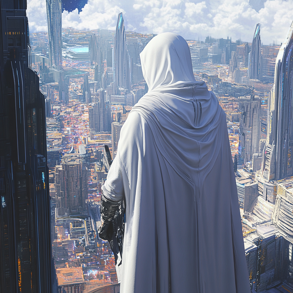 The Divine Warrior Overlooking Futuristic Cosmic City